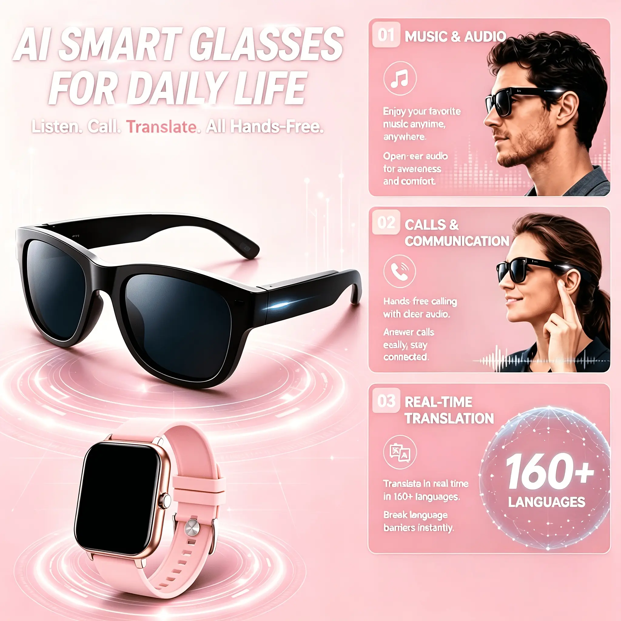 2-in-1 Smart Wearable Set, AI Audio Translation Glasses + Smart Watch, App-Based Translation, Calls, Music & Notifications for Business Trips, International Students, Campus, Work, Travel and Everyday Life.