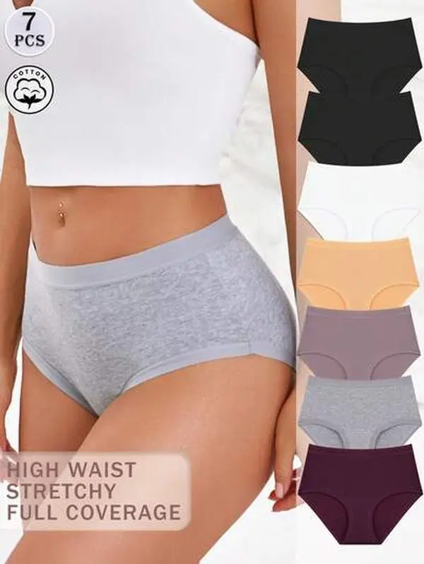 7Pcs Women's High-Waisted Cotton Panties,Soft Breathable Comfortable Underwear With Stretchy Waistband Full Coverage,95% Cotton Briefs,Size S-4XL