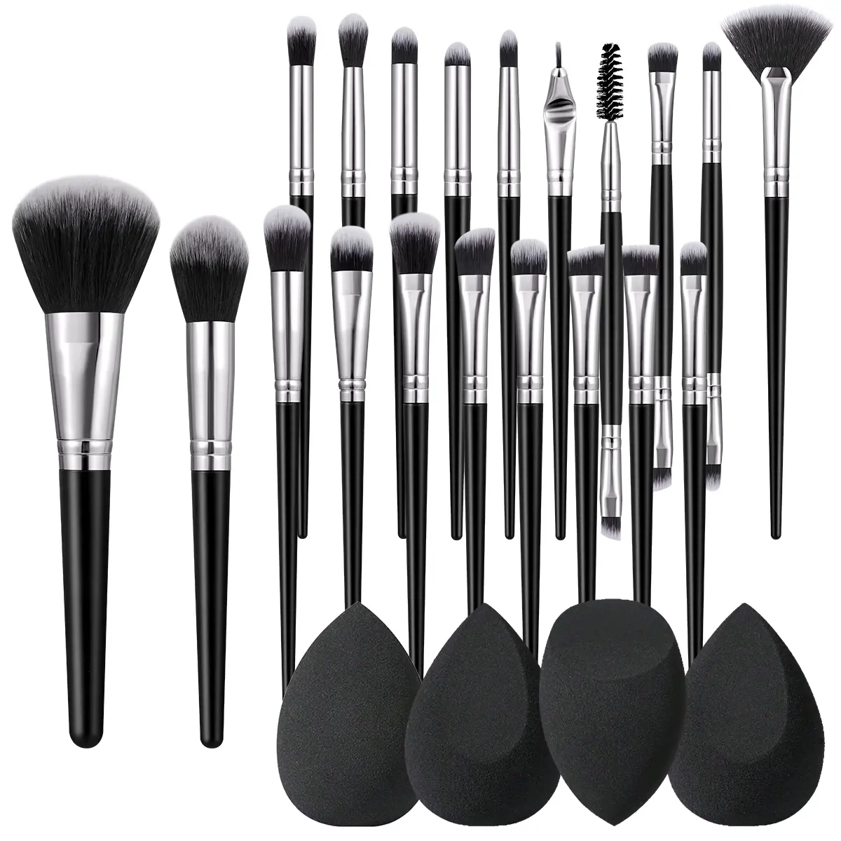 20Pcs Professional Black Silver Makeup Brush Set Soft Gradient Synthetic Bristles Face Powder Blush Contour Eyeshadow Concealer Eyelash Brushes With 4Pcs Teardrop Black Beauty Sponges Complete Cosmetic Tools For Makeup Beginners Daily Travel Use