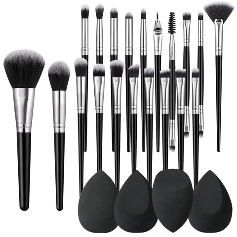 20Pcs Professional Black Silver Makeup Brush Set - Soft Gradient Synthetic Bristles, Lightweight Full-Face Tools for Beauty Lovers, W/4Pcs Teardrop Black Beauty Sponges, Multi-Pack Cosmetic Kit for Beginners (Daily/Travel Use)
