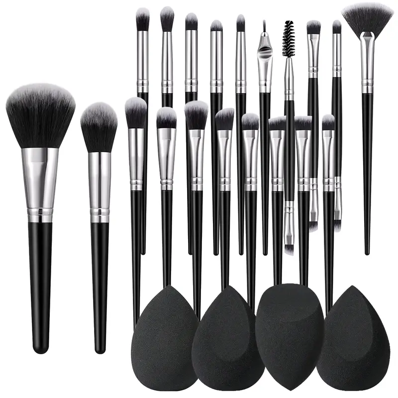 20Pcs Professional Black Silver Makeup Brush Set - Soft Gradient Synthetic Bristles, Lightweight Full-Face Tools for Beauty Lovers, W/4Pcs Teardrop Black Beauty Sponges, Multi-Pack Cosmetic Kit for Beginners (Daily/Travel Use)