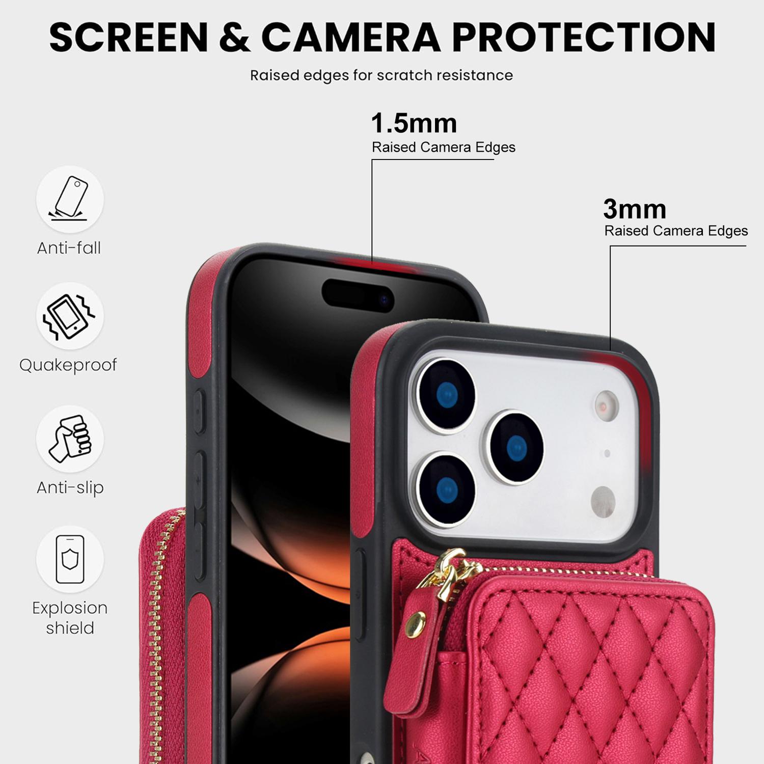 Crossbody Wallet Phone Case for iPhone 17 Pro Max 16 15 14 13 12 11, PU Leather RFID Blocking Flip Cover with Zipper Pocket Card Holder Kickstand Wrist Strap Adjustable Lanyard