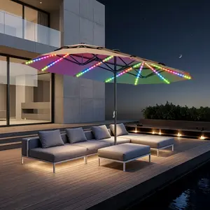 [RGB LED] PHI VILLA 13ft/15ft Double-Sided Patio Umbrella with RGB Solar LED Lights, Double Vent Top & Base – Extra Large Backyard & Pool Umbrella