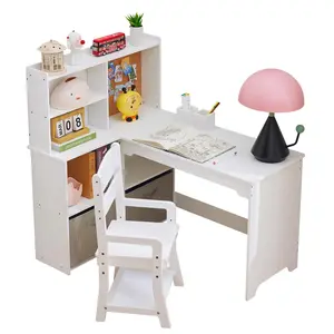 Garvee children's desk with chair, student desk for children with bookshelf & open compartments & fabric drawers & pinboard, children's desk for kids from 3 years old, white