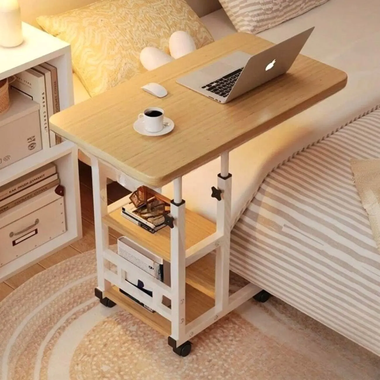 🖥️ Foldable Desk With Wheels, Adjustable Height Computer Table With Storage Shelf For Home Office, Bedroom And Study.