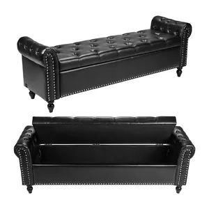 VEVOR Button-Tufted Storage Ottoman Bench, Rolled Arm PU Leather Bench with Solid Wood Legs, Modern Shoe Benches Seat for Entryway, Upholstered End of Bed Benches for Living Room, Dining Room, Black