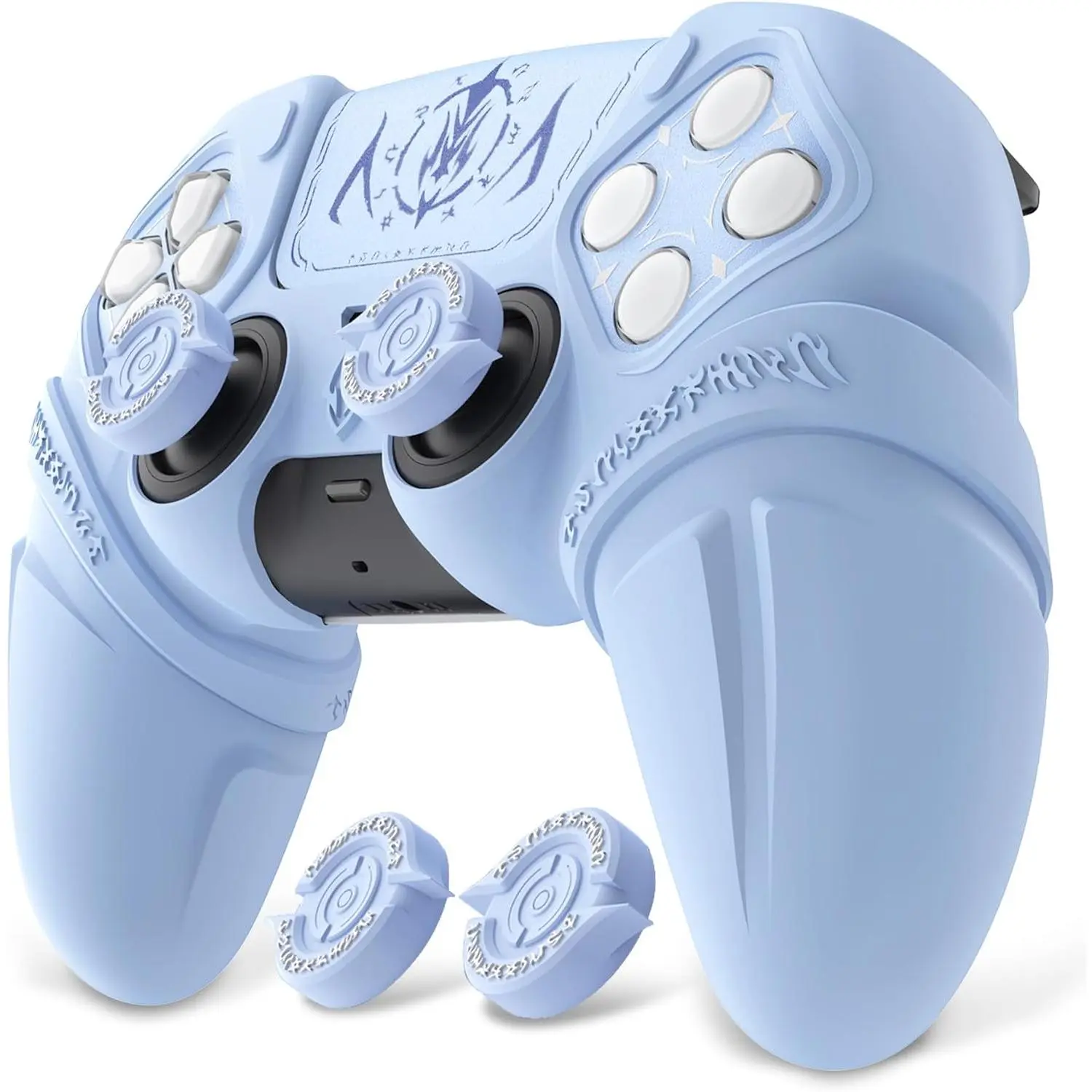 L-RDC003   Runes Edition Silicone Cover Skin for ps5 Controller with Thumb Grips & Touchpad Skin & D-pad Area Sticker, Anti-slip Controller Grip Cover Compatible with ps5 Charging Dock- Blue