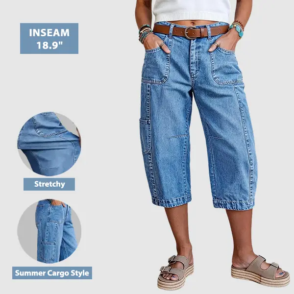 Flamingals Patch Pocket Seam Detail Mid Rise Barrel Leg Capri Jeans Without Belt Stretchy 18.9'' Inseam