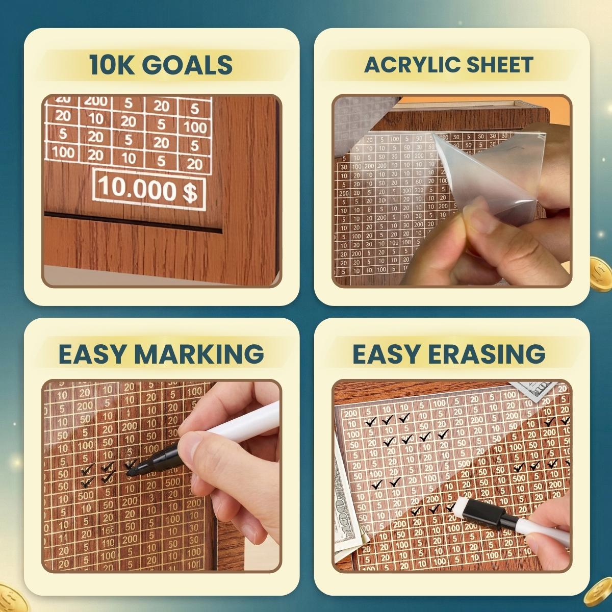 Wooden Cash Money Saving Box for Kids & Adults - Reusable $10,000 Savings Challenge Box with Progress Tracker & Cash Vault, Educational Piggy Bank Gift for Boys Girls