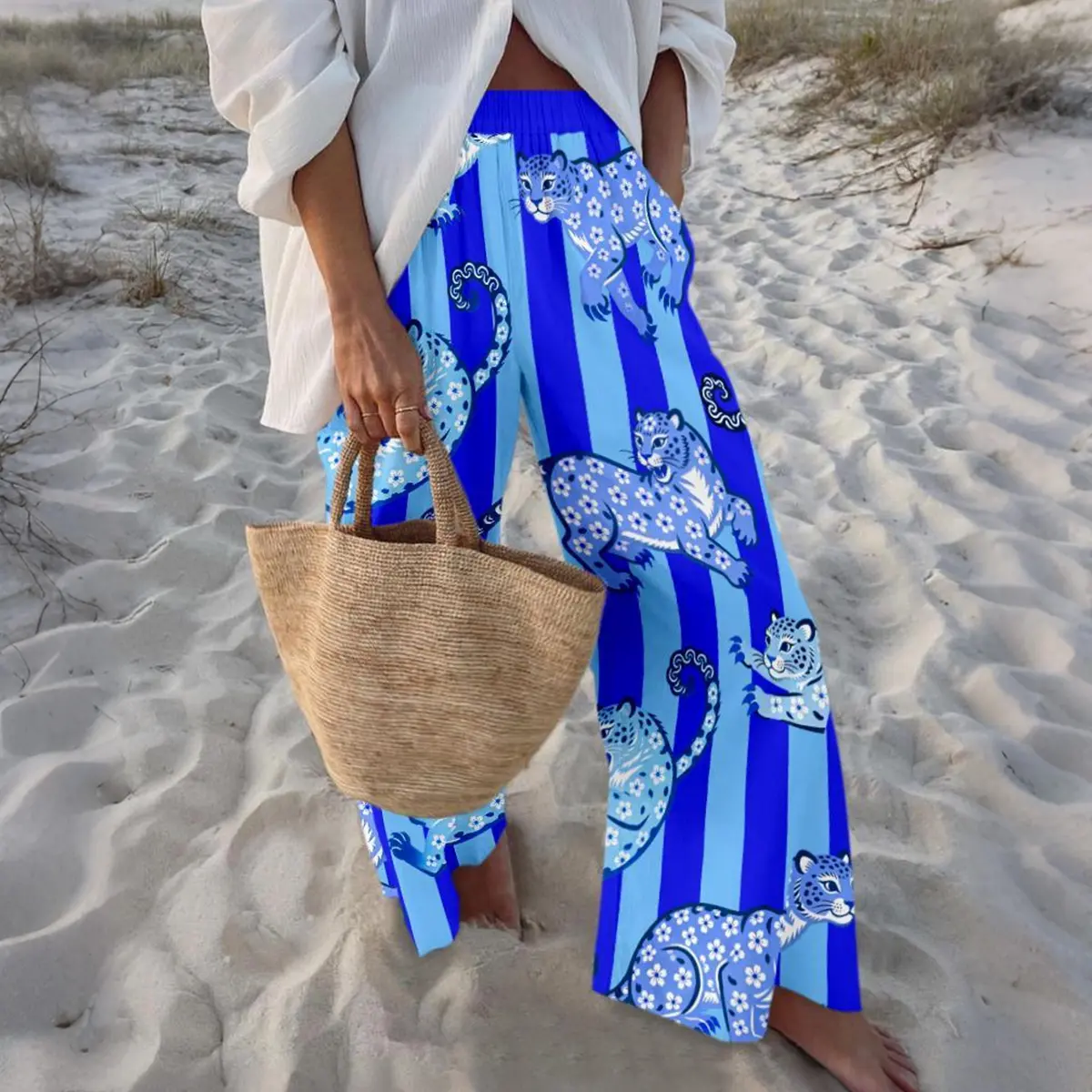 Women Vibrant Leopard Print Striped Palazzo Pants | Bold Colorful Wide-Leg Trousers for Summer & Beach,back to school shopping