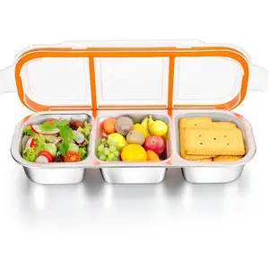 Stainless Steel Snack Container, Reusable Condiment Box with Lid, Locking Lid, Bento Box, 3 Compartment Sauce Cups, Divided Food Storage Container for School, Home, Travel 1pc