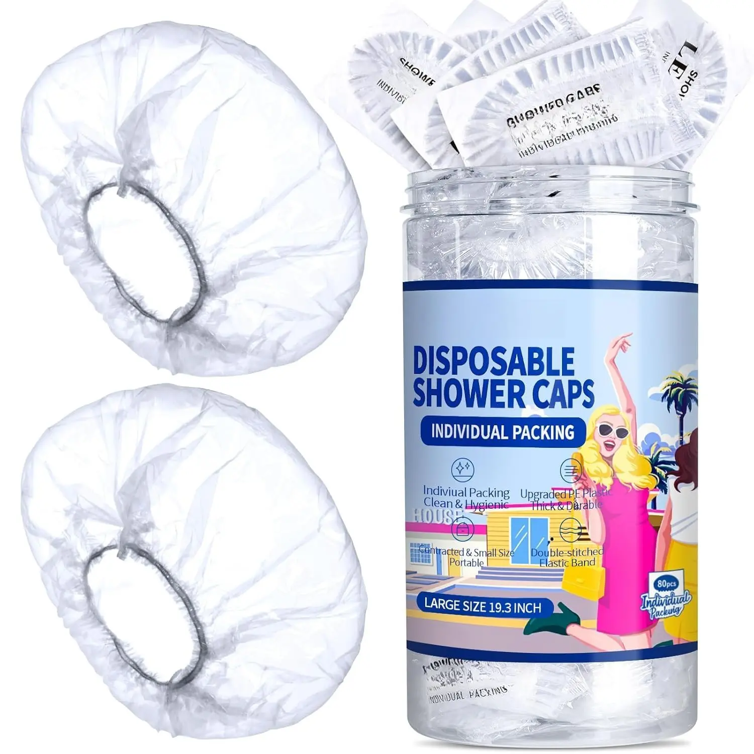 Individually Wrapped Disposable Shower Caps, 80 count Large Plastic Shower Caps for Women Disposable, Plastic Hair Caps for Travel, Hotel Use, Travel Essentials for Women, 19.3 INCH