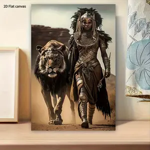 1pc African Warrior Woman & Lion Canvas Painting - Modern Tribal Wall Decor with Wrapped Wood Frame, Beige/Brown/Black/ Golden/White/Gray Tones - Ready-to-Hang for Living Room, Office, Bedroom