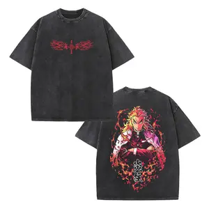 Kyojuro Rengoku Demon Slayer Graphic Tee – Double-Printed Washed Anime Shirt, Oversized Unisex Top, Trendy Streetwear Menswear for Casual, Party, Convention, and Anime Fans