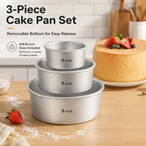 3-piece round aluminum cake pan set (4/6/8 inches), removable bottom, suitable for making multi-tiered cakes and cheesecakes.