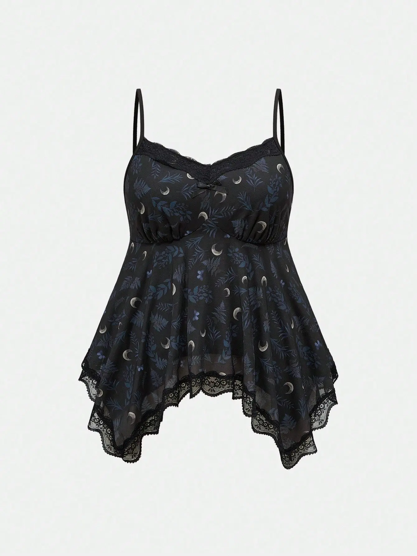 VYNCE Goth Plus Size Vintage Dark Mysterious Star & Plant Mesh Contrast Lace Trim Camisole Top Spaghetti Strap Streetwear Emo