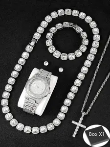 6 Piece Set Quartz Watch Cross Pendant Necklace with Zircon Sparkling Magnetic Earrings Gift Box, Hip Hop Fashion Jewelry Accessories, Elegant Jewelry Set, Bracelet Watch Set