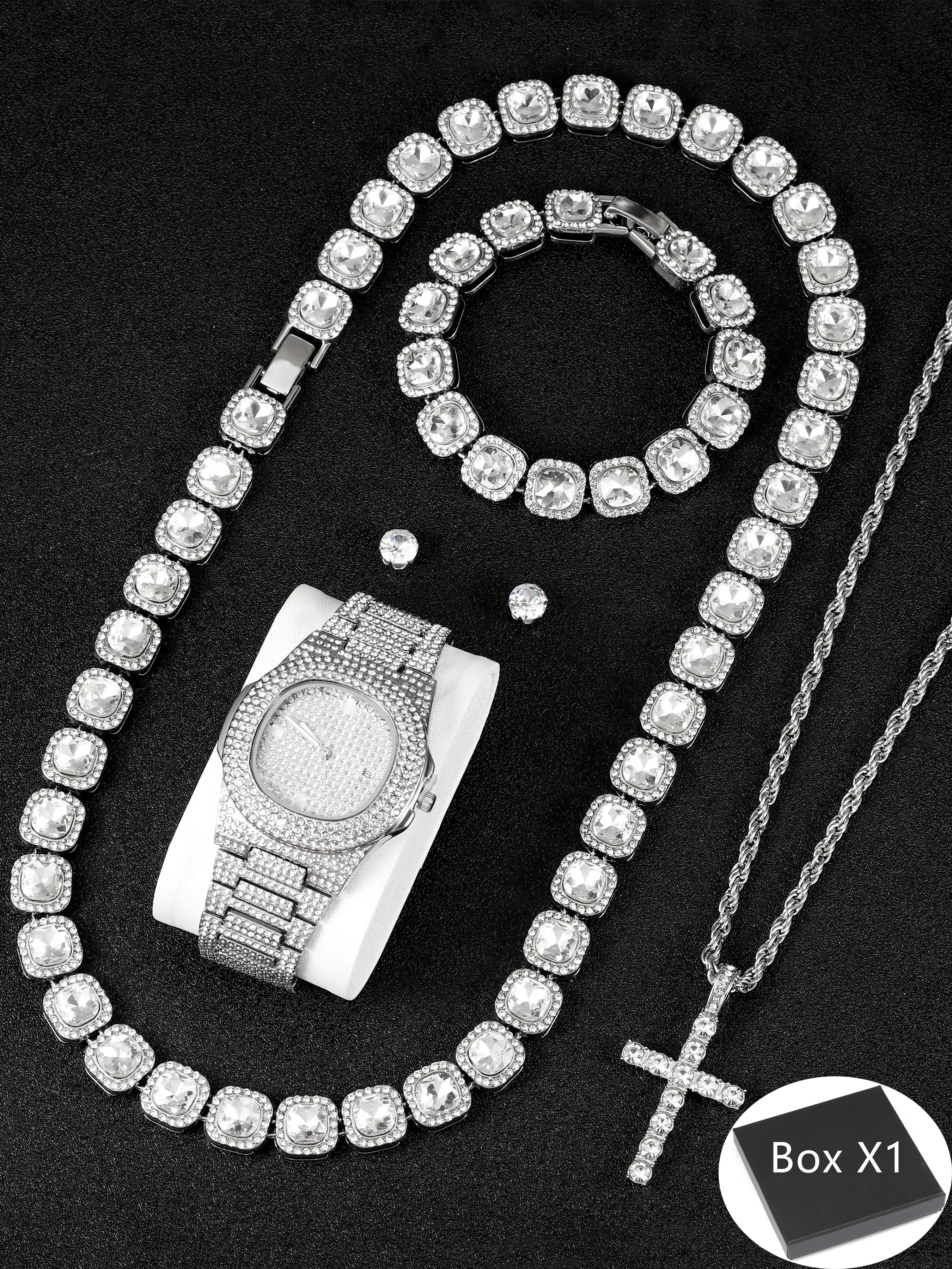 6 Piece Set Quartz Watch Cross Pendant Necklace with Zircon Sparkling Magnetic Earrings Gift Box, Necklaces Earrings Set, Hip Hop Fashion Jewelry Accessories, Elegant Jewelry Set, Bracelet Watch Set