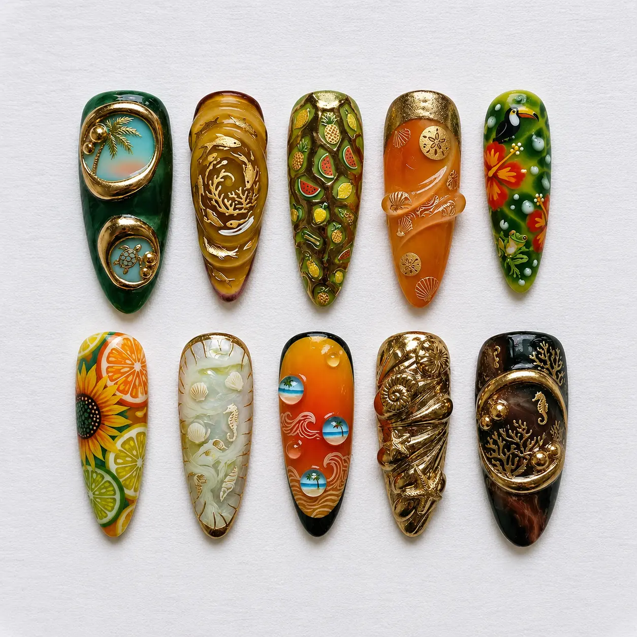 Tropical Ocean Press On Nails, 3D Sea Turtle Seahorse Shell Fruit and Toucan Nail Art, Orange Green Gold Long Almond Summer Fake Nail Set