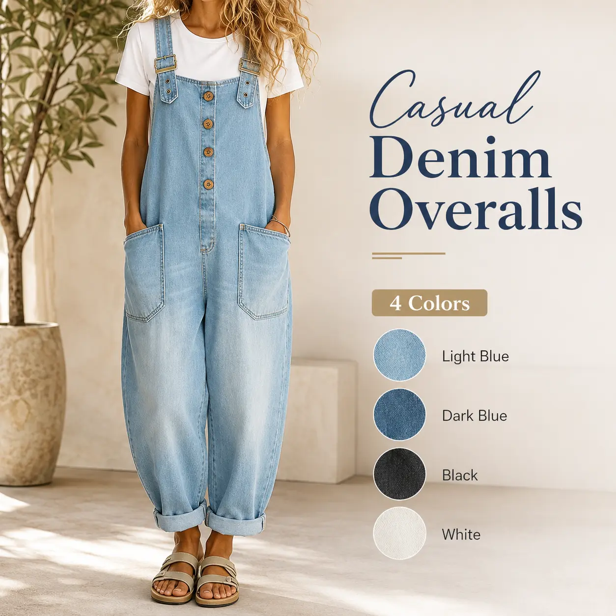 Women Casual Loose Denim Overalls, Front Button Adjustable Strap Baggy Jumpsuit, Washed Denim Wide Leg Bib Overalls with Side Pockets