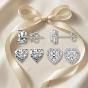 Sweetheart Series 1CT Cubic Zirconia Heart Stud Earrings, Silver Plated Hypoallergenic Earrings for Sensitive Ears, Tarnish Resistant, Romantic Heart Shape Jewelry for Women, Gift Box Included – 3 Options: Halo / Solid / Set