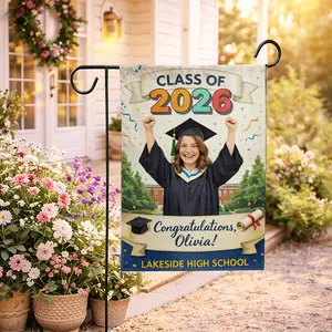 Custom Photo Graduation Garden Flag 12x18" Double-Sided 2026 - Personalized Senior Class Banner - Blue Glitter School Decor - Proud Parents Outdoor Yard Sign - Graduation Party Lawn Decoration