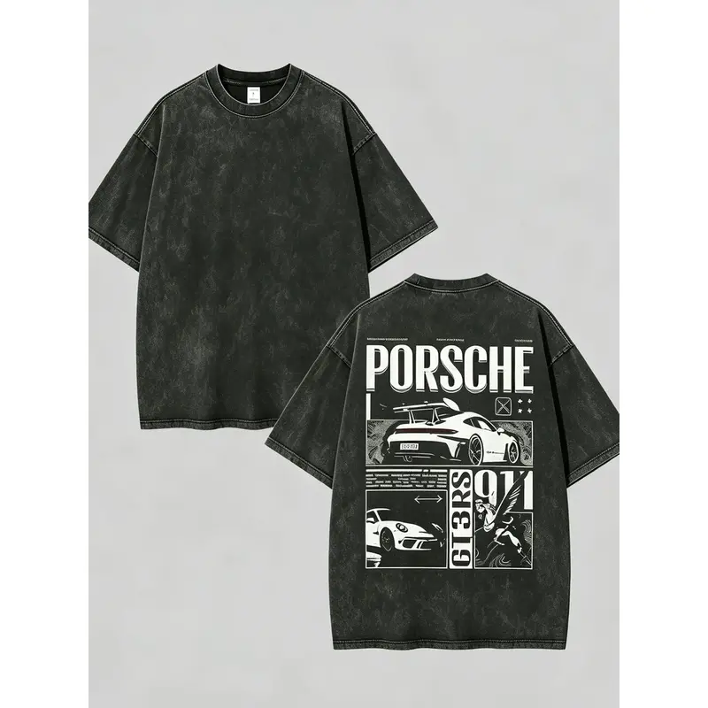 Porsche 911 Racing Vintage Washed Graphic T Shirt Oversized Heavyweight Cotton Car Culture Streetwear Tee Y2K Retro Motorsport Japanese Style Summer Unisex