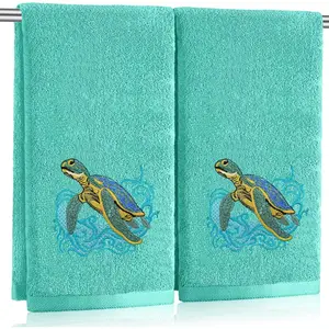 2 Pcs 14x29 Inch Embroidered Sea Turtle Hand Towels Teal 100% Cotton Soft Absorbent Decorative Towels for Bathroom Kitchen Spring Summer Decor