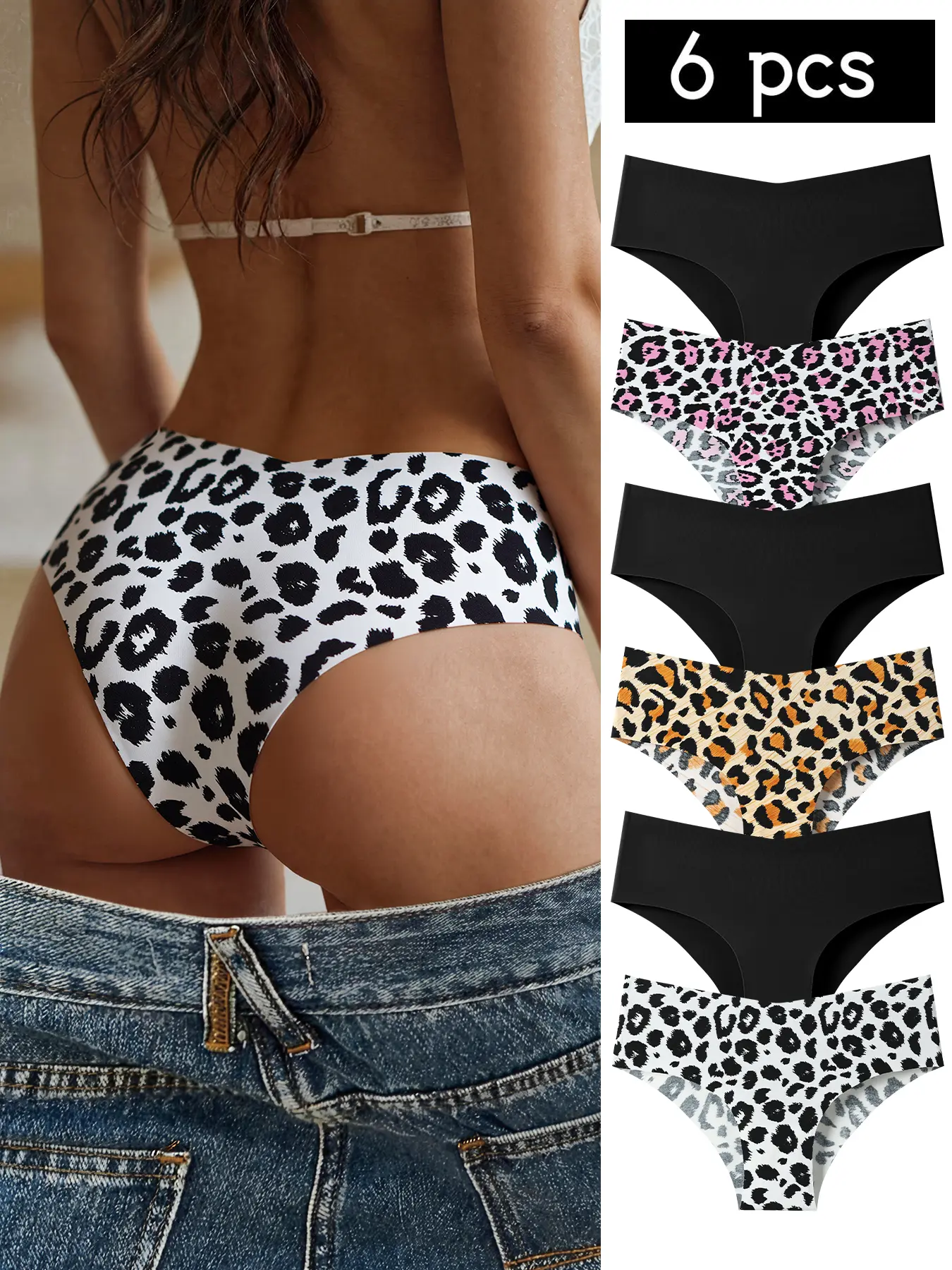 Hotcom Women's 6-Pack Seamless Leopard Print Thongs - Triangle Lingerie, Fitted Casual Underwear, Soft Smooth Breathable Sexy Daily Wear