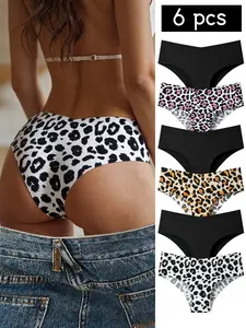 Hotcom Women's Chic Lady's Breathable Leopard Print Underwear Set - Soft Comfortable Fitted Triangle Lingerie, Everyday Elegance Seamless Panties, 6-Piece All-Season Casual Womenswear Thong