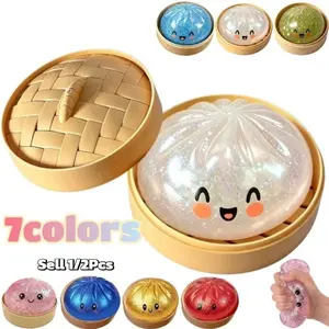 Dumpling Squishy Toy Ball - 7 Colors Glitter Crystal Effect Squeezy Stress Ball for Teenager & Adults - Sensory Fidget Toy for Anxiety Relief, Perfect Gift.