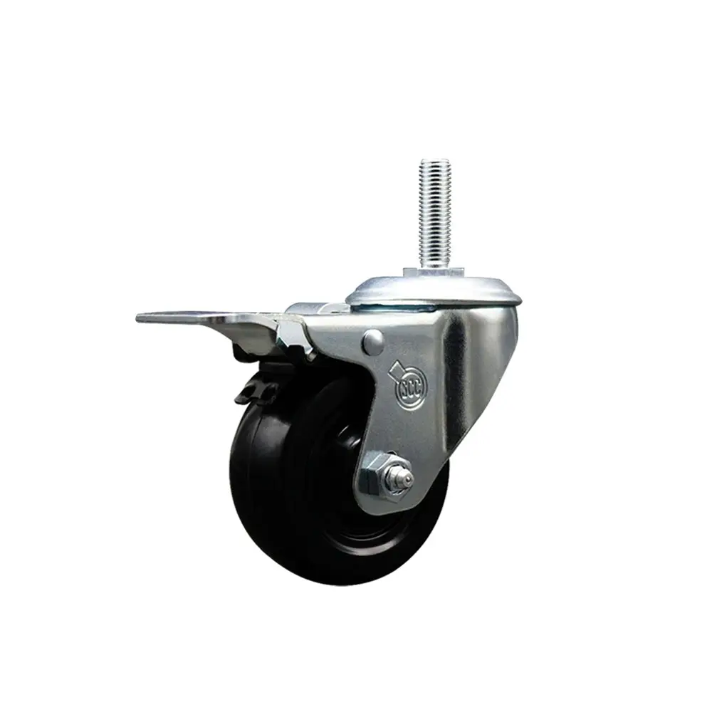 Service Caster SCC-TSTTL20S314-HRS-58212 Hard Rubber Swivel Type Caster Unit - 3 x 1.25 in. Black Wheel, 0.63 in. Threaded Stem, Total Locking Brake, 275 lbs Higher Load Capacity, Ball Bearing, Impact Resistance - for Material Handling & Equipment Carts