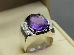 14 Carat Oval Cut Dark Purple Created Amethyst Channel Set Ring Sterling Silver 925 Handmade Men Elegant Ring