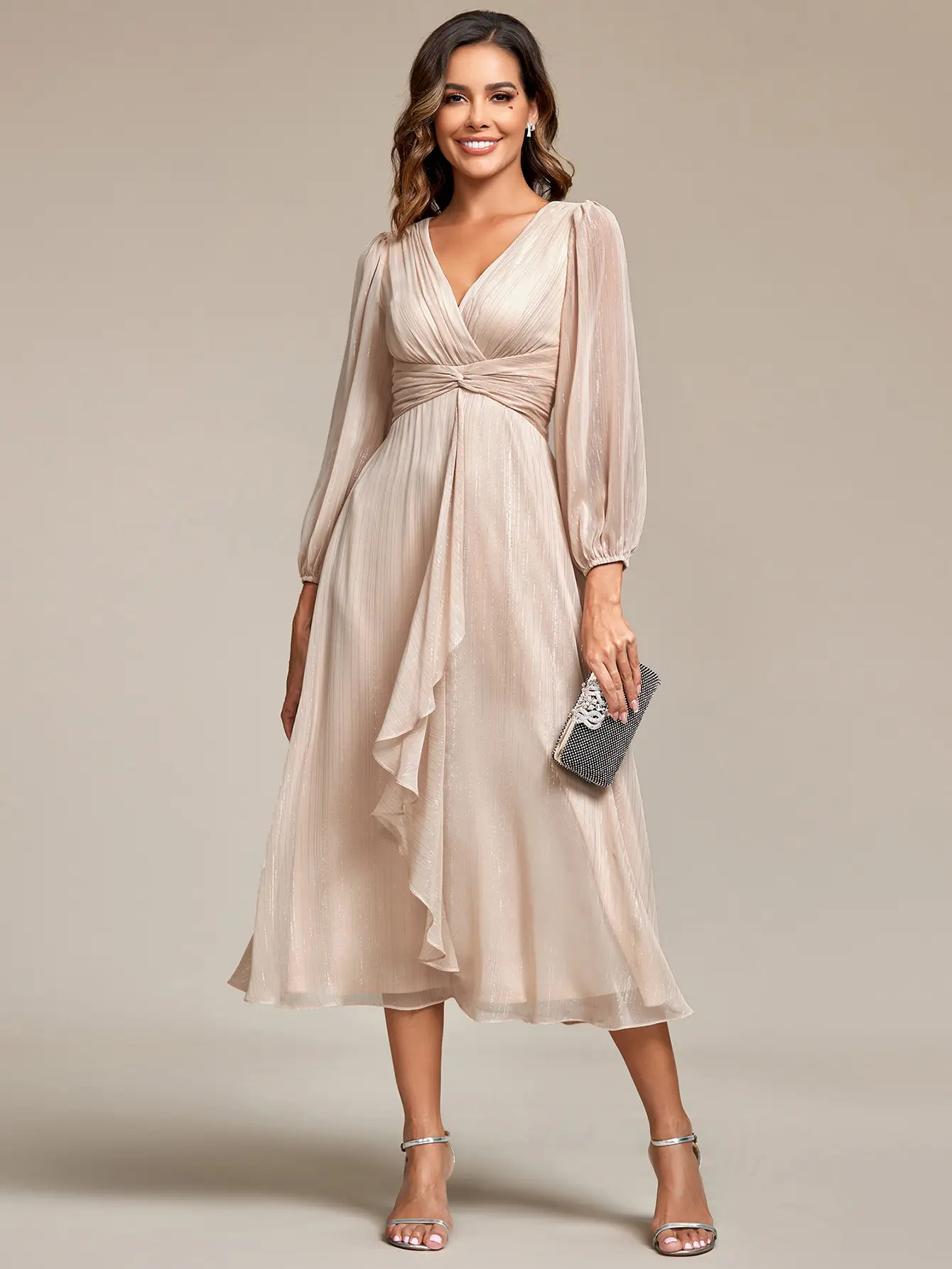 Ever-Pretty 2026 Spring Elegant & Flattering Chiffon Midi Dress with Deep V-Neck, Puff Sleeves Ever-Pretty 2026 Spring Elegant & Flattering Chiffon Midi Dress with Deep V-Neck, Puff Sleeves