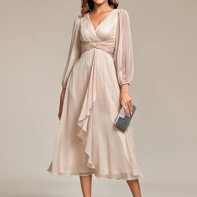 Ever-Pretty 2026 Fall Classy Polyester Sheen Chiffon Midi Formal Dress for Women - Deep V-Neck, Long Sleeves, Twist Knot Waist, Easy Care, Size Inclusive Formal Wear, Versatile Wedding Guest Dress 01977, Dresses For Women