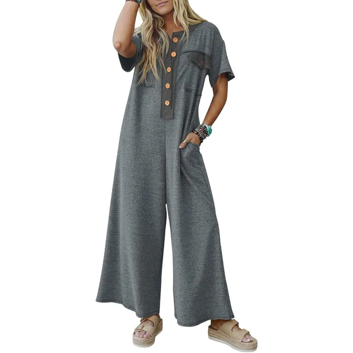 Imily Bela Womens Casual Loose Jumpsuits Short Sleeve V-Neck Button Down One Piece Outfits Wide Leg Summer Long Pant Rompers with Pockets