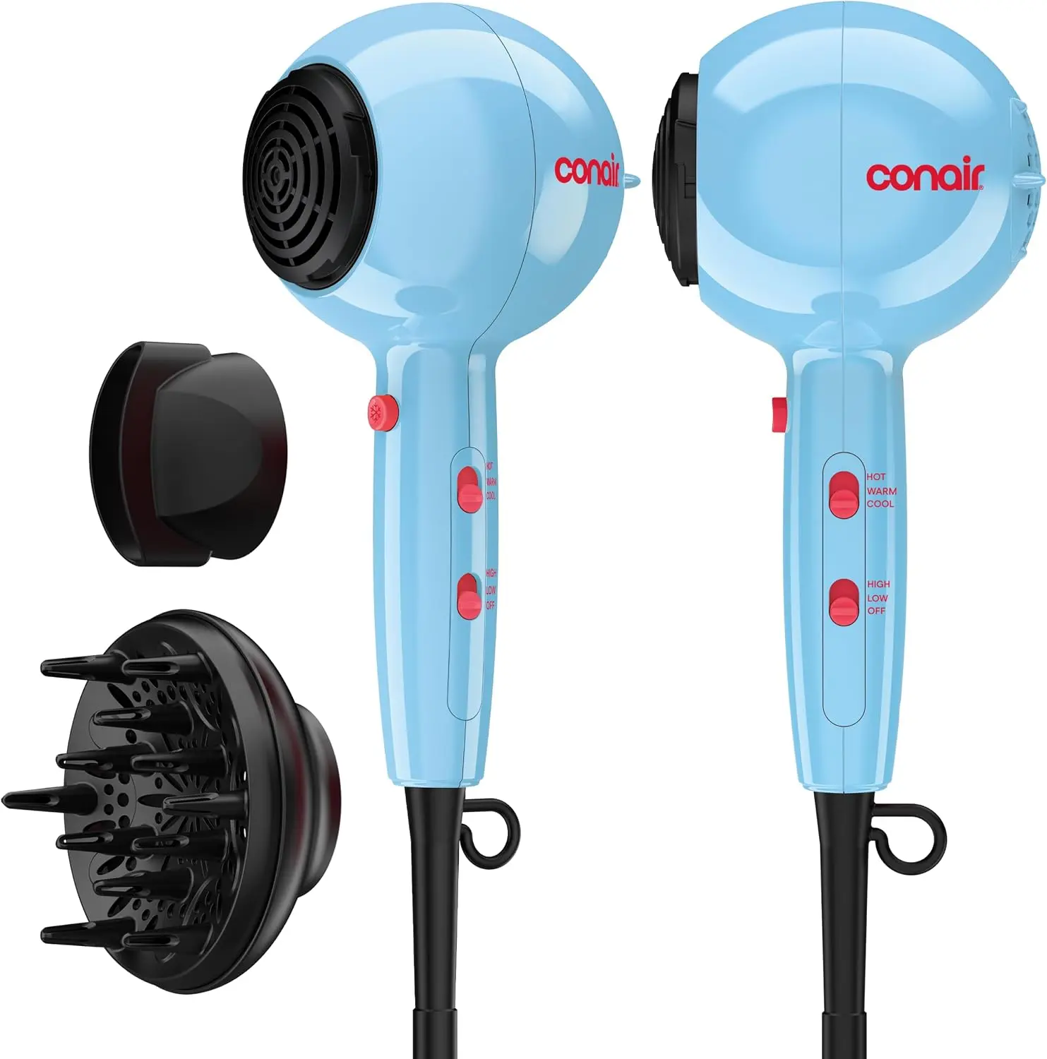 Conair Cake Hair Dryer, Blow Dryer w/Diffuser & Concentrator, Blue