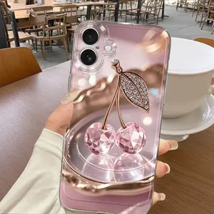Phone Case: Shiny Pink Quartz Cherry Decoration Phone Case for Iphone 17 Air 16 15 14 13 12 11 Pro Max X XS XR XSMAX 7 8 6 6S Plus 16E Cartoon Transparent Dropproof All-Inclusive TPU Phone Case, Easy Stylish Shockproof Softshell Protection