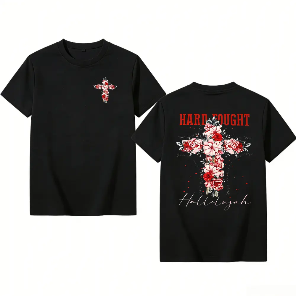 Hard Fight Harry Hallelujah Men’s Retro Street Pattern T-Shirt | 230g Washed Double-Sided Floral Cross with ‘HARD TOUGH’ Print, Drop Shoulder Loose Fit Short Sleeve Crew Neck Summer Casual Top, Machine Washable
