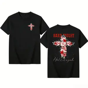 Hard Fight Harry Hallelujah Men’s Retro Street Pattern T-Shirt | 230g Washed Double-Sided Floral Cross with ‘HARD TOUGH’ Print, Drop Shoulder Loose Fit Short Sleeve Crew Neck Summer Casual Top, Machine Washable
