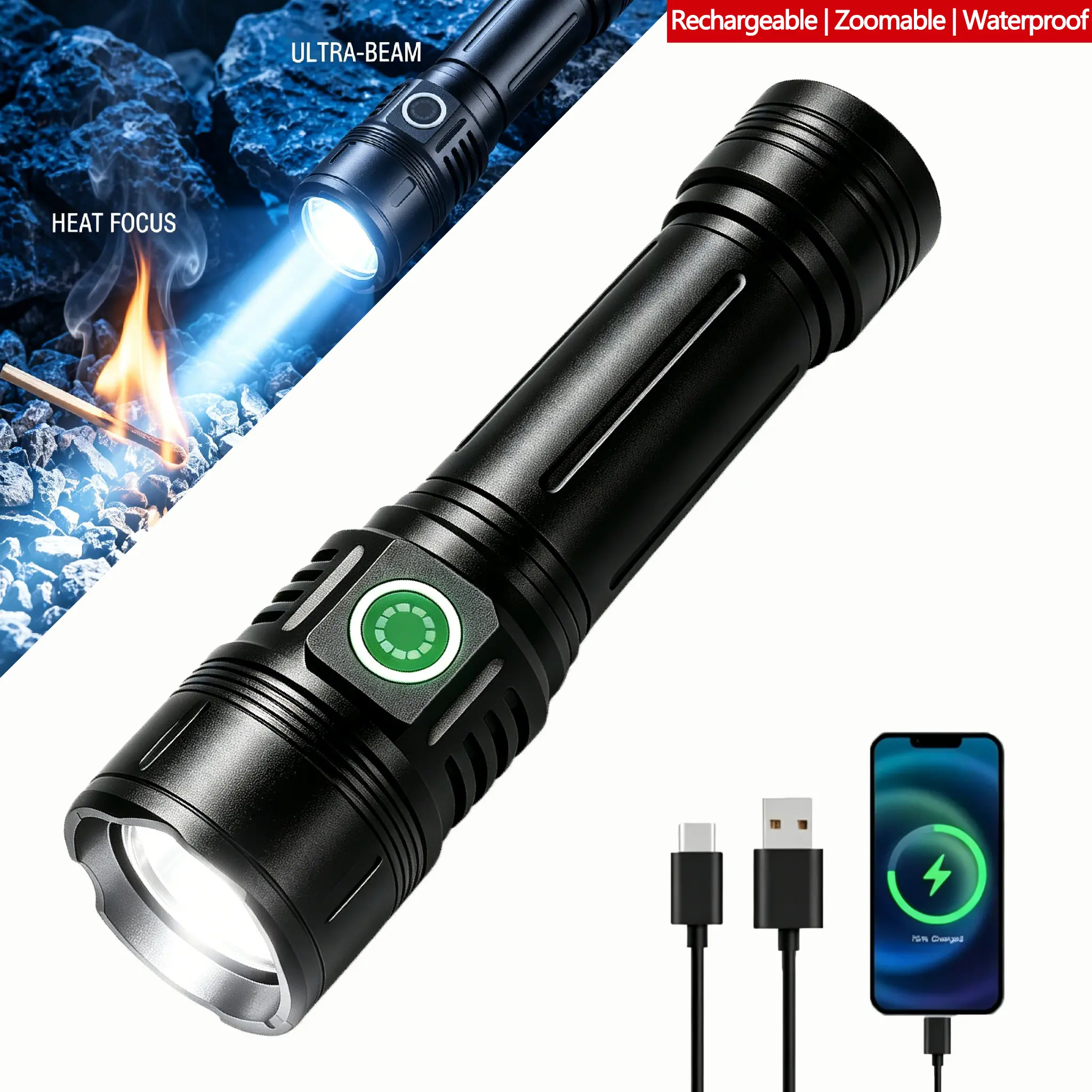 SK5 Pro Aluminum Body Bright LED Flashlight - USB Port, Rechargeable, Waterproof, Portable Handheld Battery Recharge Torch, Outdoor Ready for Home Emergencies, Camping