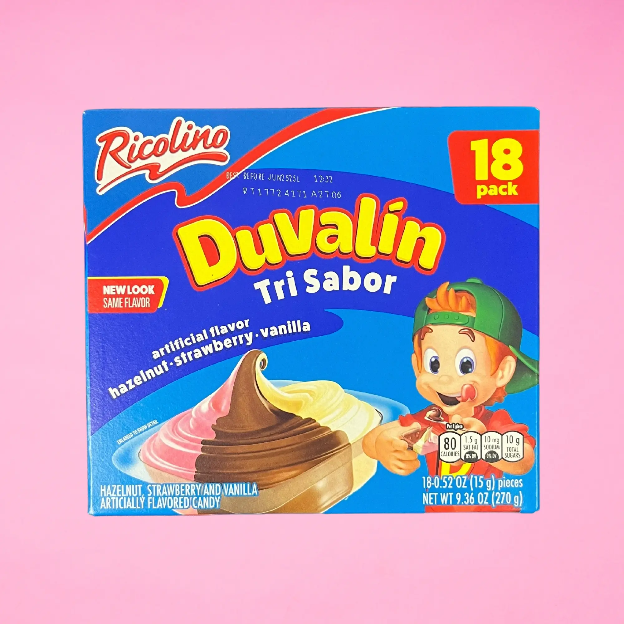 Ricolino Duvalin Tri Sabor, 18-Pack, Hazelnut, Strawberry & Vanilla Soft Candy, Snack Mexican Candies Dulces Mexicanos Sweet Chocolate