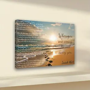 1 Piece Inspirational Isaiah 46:34 Scripture Canvas Print Painting Beach Sunset Footprints Wall Art, Framed Christian Home Decor, Suitable for Bedroom, Living Room, Office, Cafe, Inspirational Gift for Family and Friends, Office Work|Sunrise Artwork|Vibra