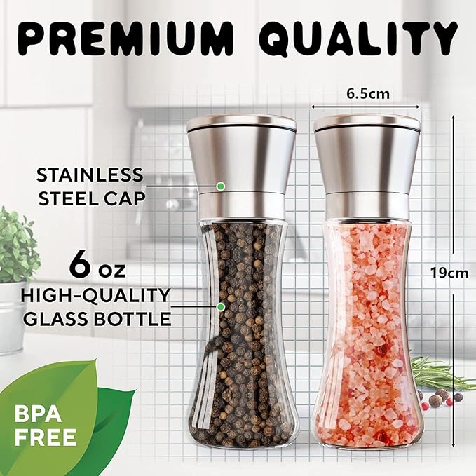 Salt and Pepper Grinder,Condiment Set,Himalayan Pink Salt & Peppercorn Mills with Adjustable Coarseness Glass Body Shakers,No Salt/Pepper Included(2 Pack) (200ml)