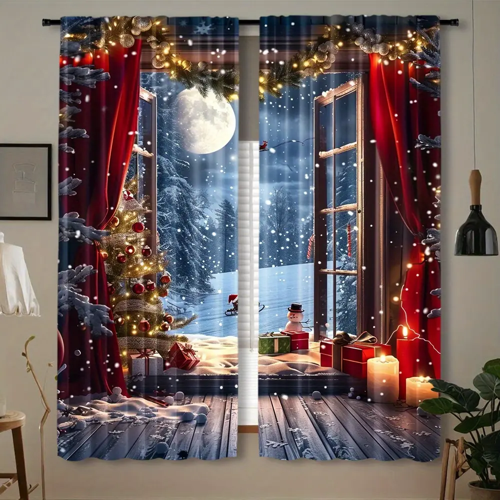 2Pcs, Christmas Winter Miracle Curtain - Christmas Pole Bag Curtain with Snow View and Santa Sleigh Design, Red Curtain, Suitable for Bedroom, Living Room, Kitchen, Office, Christmas Curtain, Home Decoration Curtain, Comfortable Holiday Decoration