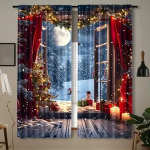 2Pcs, Christmas Winter Miracle Curtain - Christmas Pole Bag Curtain with Snow View and Santa Sleigh Design, Red Curtain, Suitable for Bedroom, Living Room, Kitchen, Office, Christmas Curtain, Comfortable Holiday Decoration