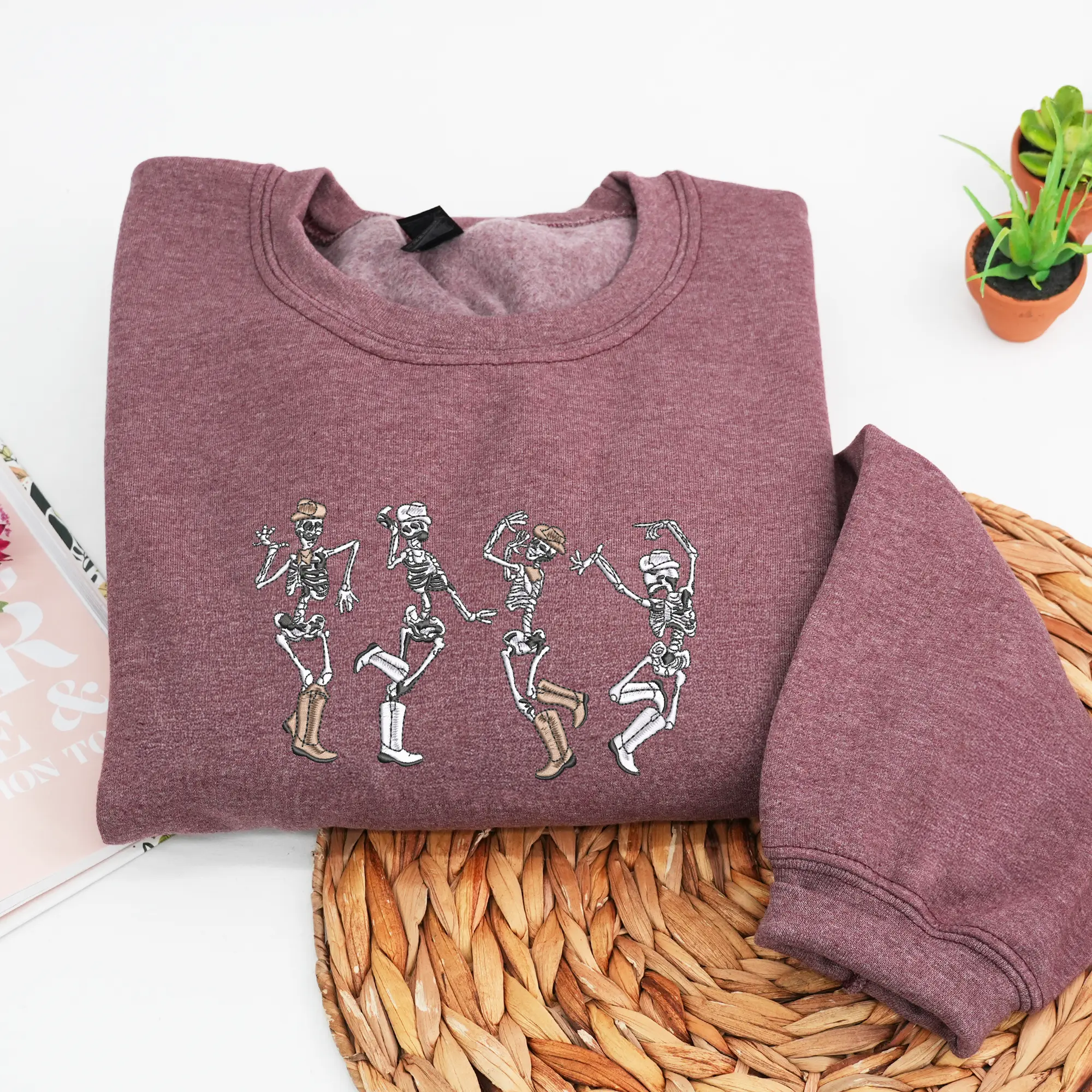 Dancing Skeleton Embroidered Sweatshirt – Western Halloween Crewneck for Fall – Cute Cowgirl Skeletons Embroidery – Cozy Spooky Season Sweater Casual Unisex Menswear Soft