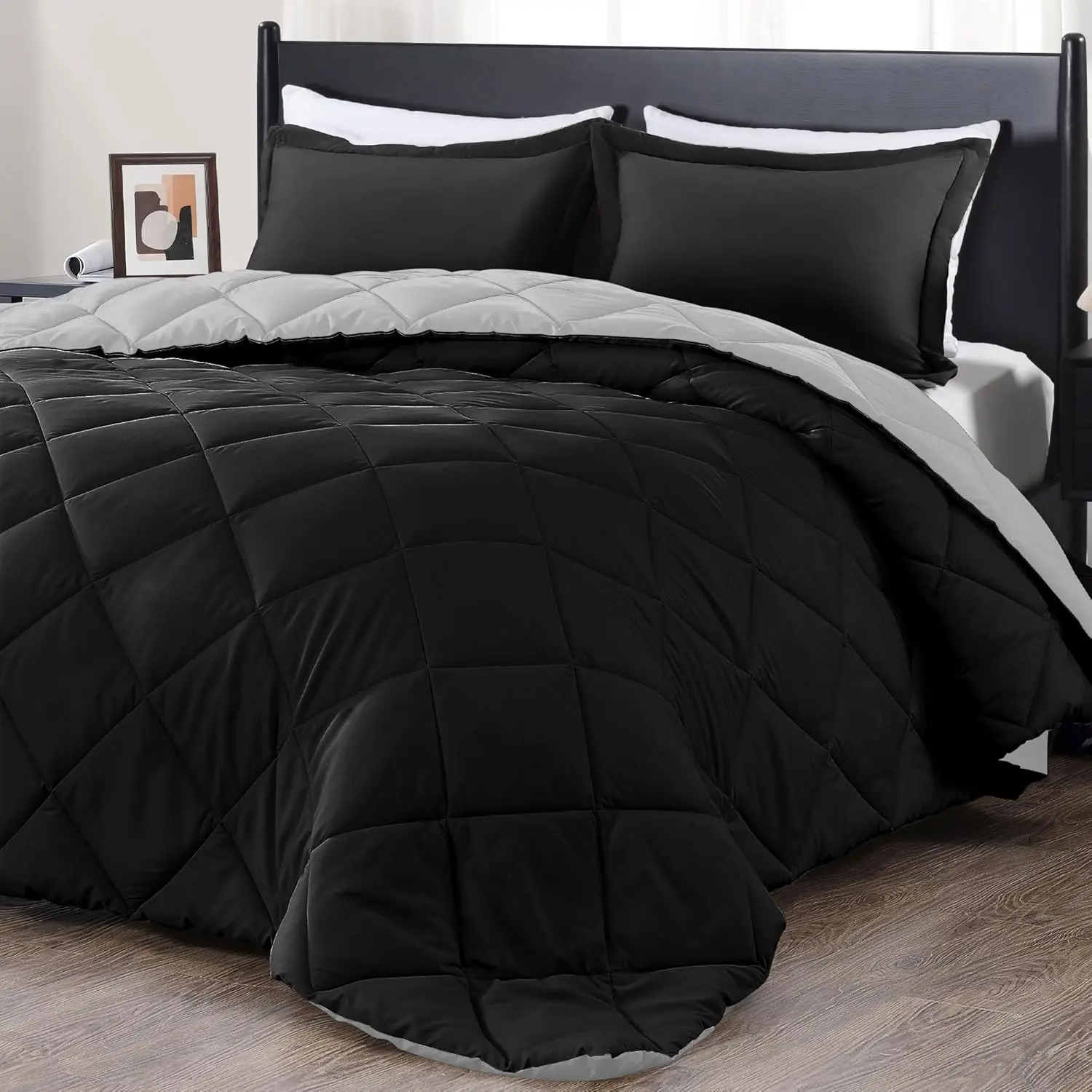 Queen Comforter Set - Black and Grey Comforter Set Queen, Soft Bedding Sets for All -3 Pieces - 1 Comforter (88"x92") and 2 Pillow Shams(20"x26")