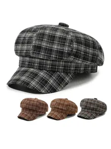 Women's Fashionable Plaid Octagonal Hat, Outdoor Travel Vacation Unique Design Beanie Cap, Versatile Retro Style Beret
