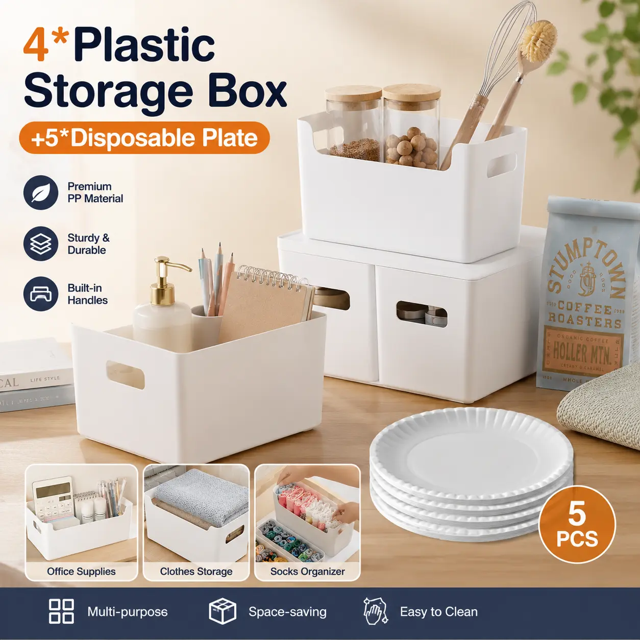 4Pcs Polypropylene Eco-Friendly Modern White Rectangular Plastic Open Storage Boxes with 2 Cut-Out Smooth Handles - Home Organizers for Kitchen/Office, Easy Handle Access